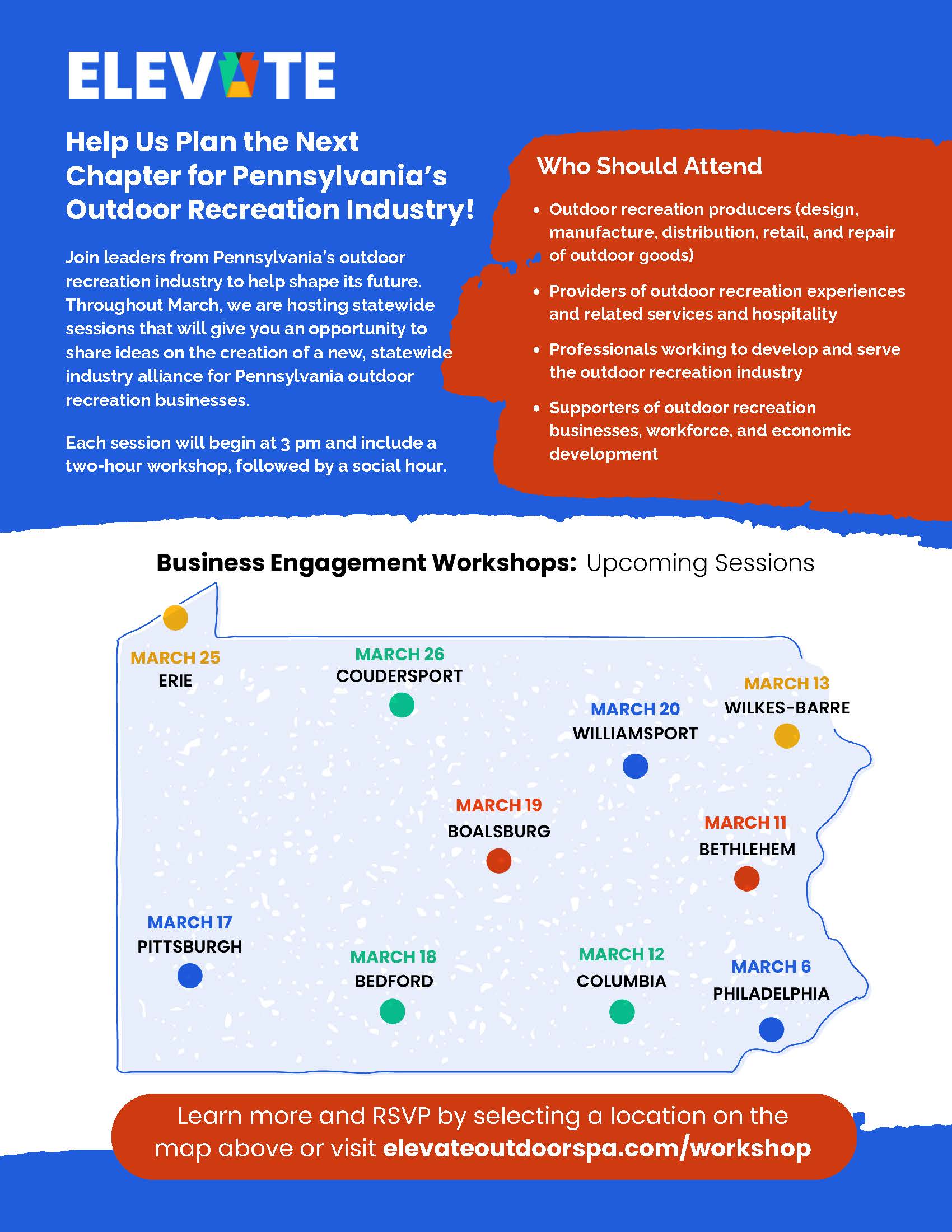 Help plan the next chapter in Pennsylvania’s Outdoor Recreation Industry by joining one of the meetings below.